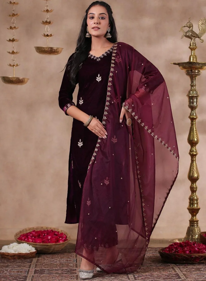 Women's Velvet Self Design Kurta Palazzo Set Dark Scarlet