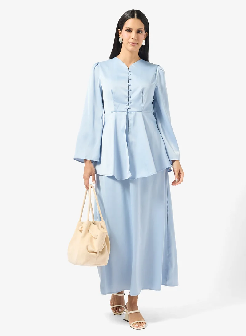 Longline Peplum Top & Skirt Set Blue