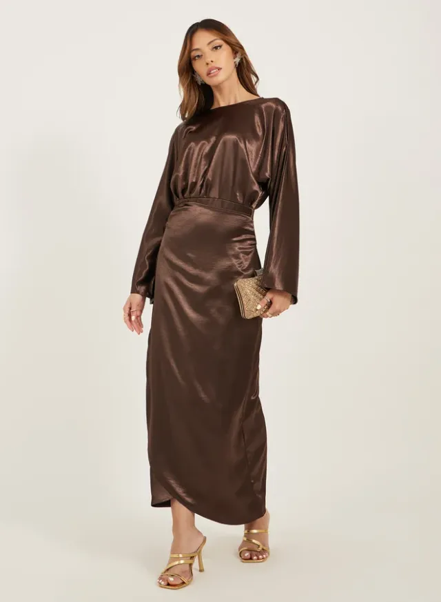 Satin Long Sleeve Dress Dark Brown