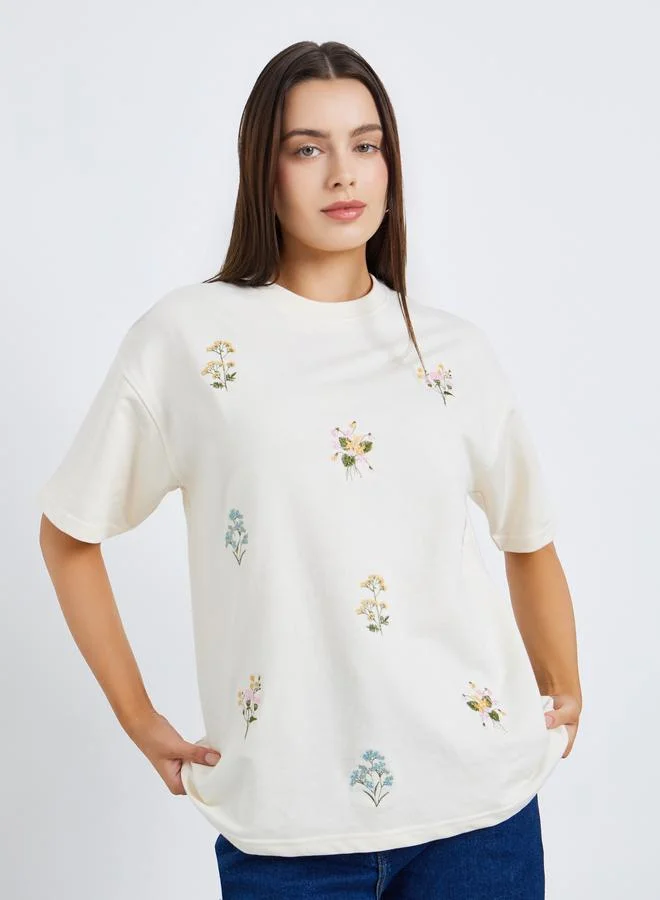 Women's Embroidered Oversized T-Shirt Beige