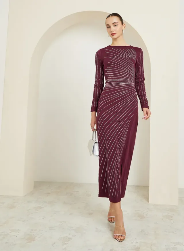Rhinestone Front Slit Maxi Dress Burgundy – image 3
