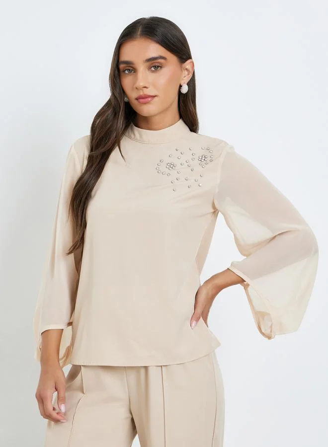 Women's Rhinestone Embellished Co-ord Set Beige