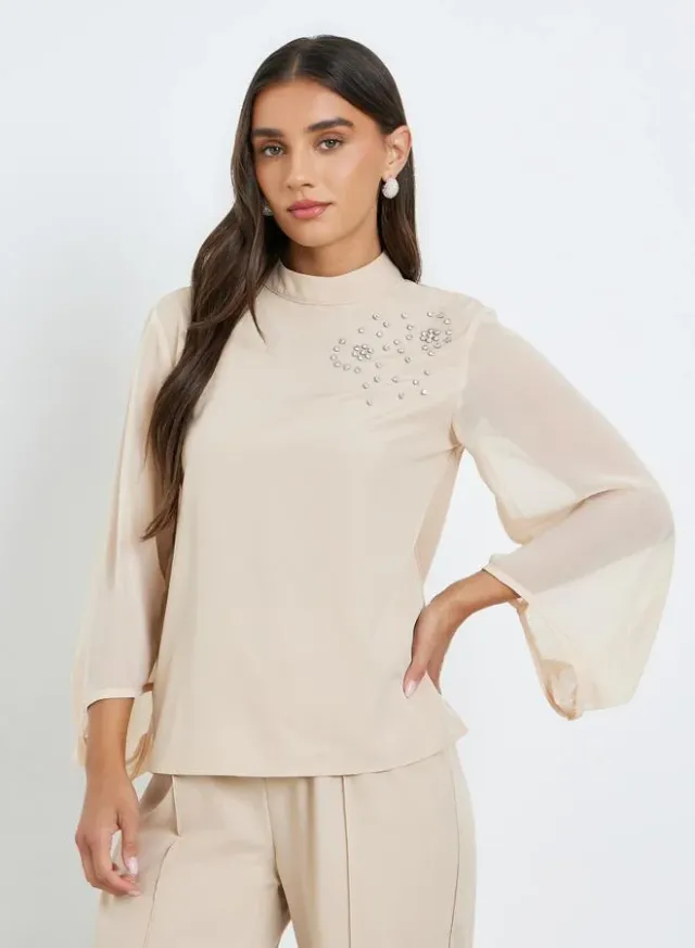 Women's Rhinestone Embellished Co-ord Set Beige