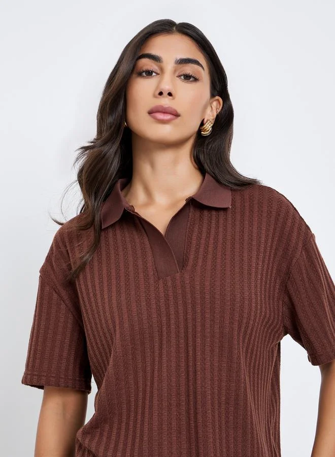 Styli Textured Knit Polo T-Shirt Brown