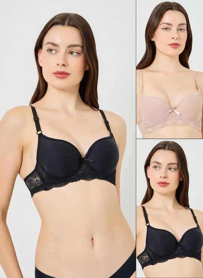 2-Pack Lace Padded Balconette Push-Up Bra Black