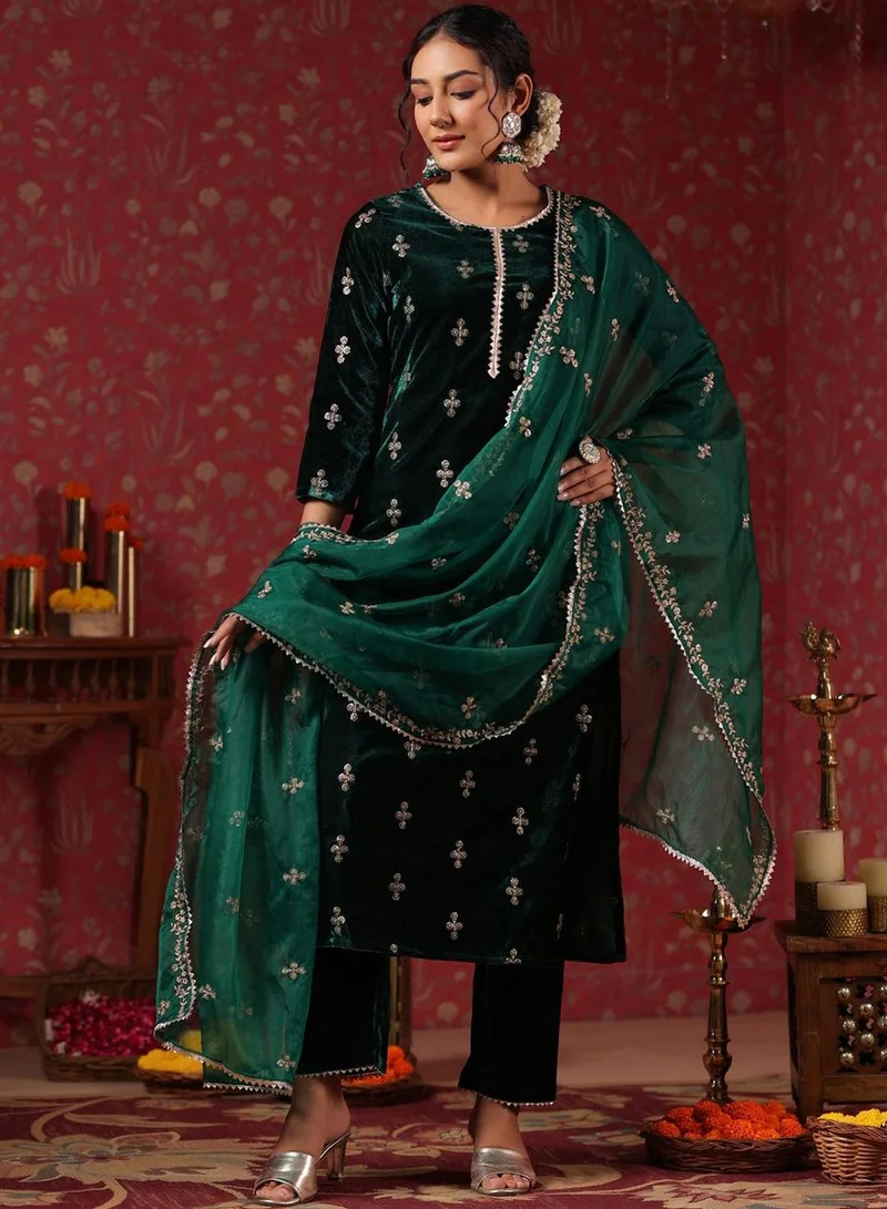 Women's Velvet Self-Design Kurta Palazzo Set Green