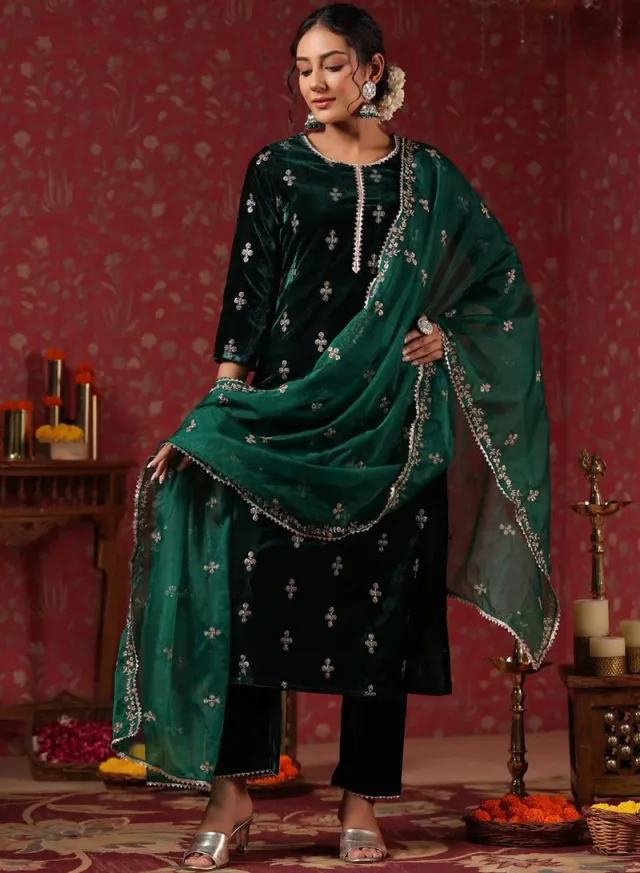 Women's Velvet Self-Design Kurta Palazzo Set Green
