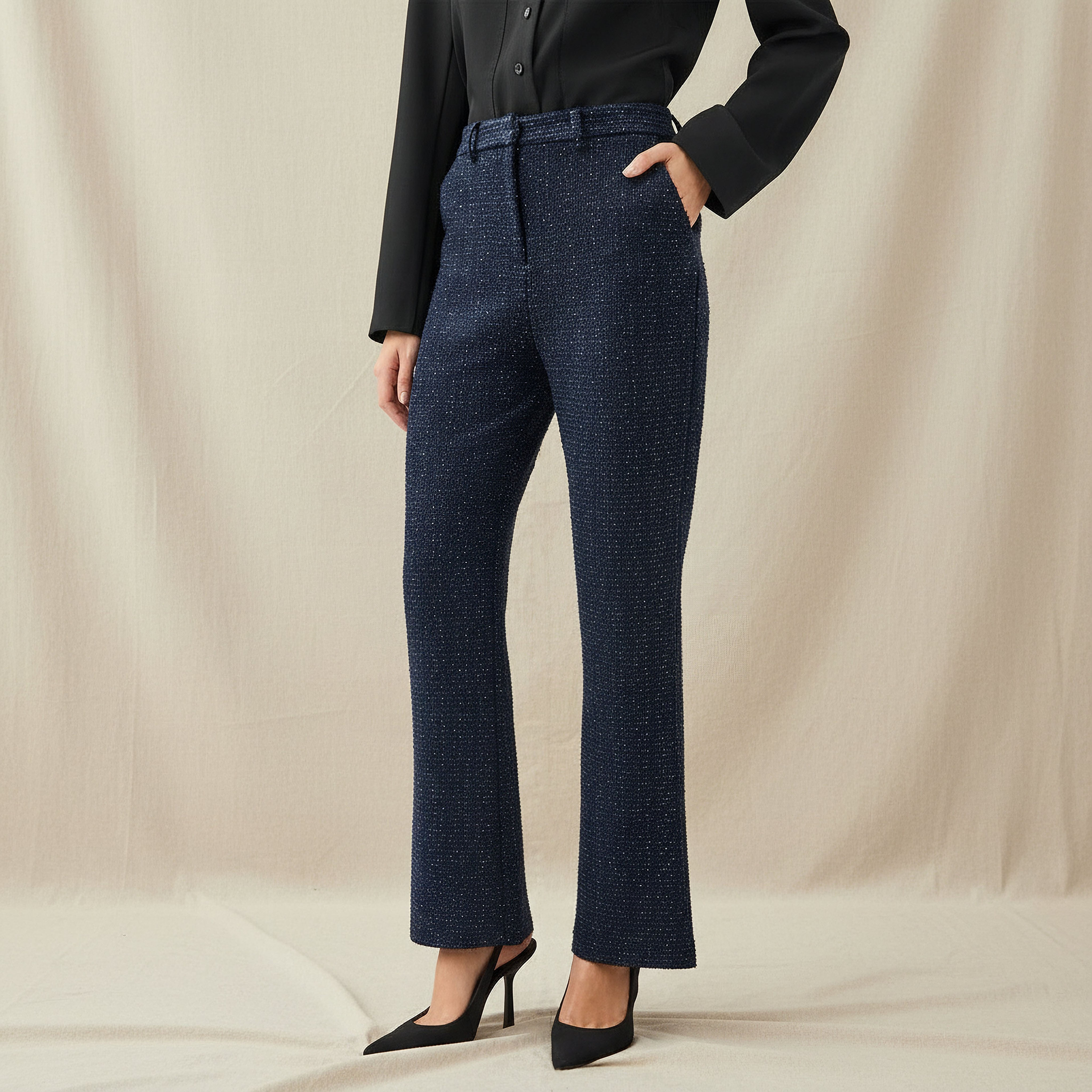 Textured Tweed Lurex Bootcut Trousers Blue