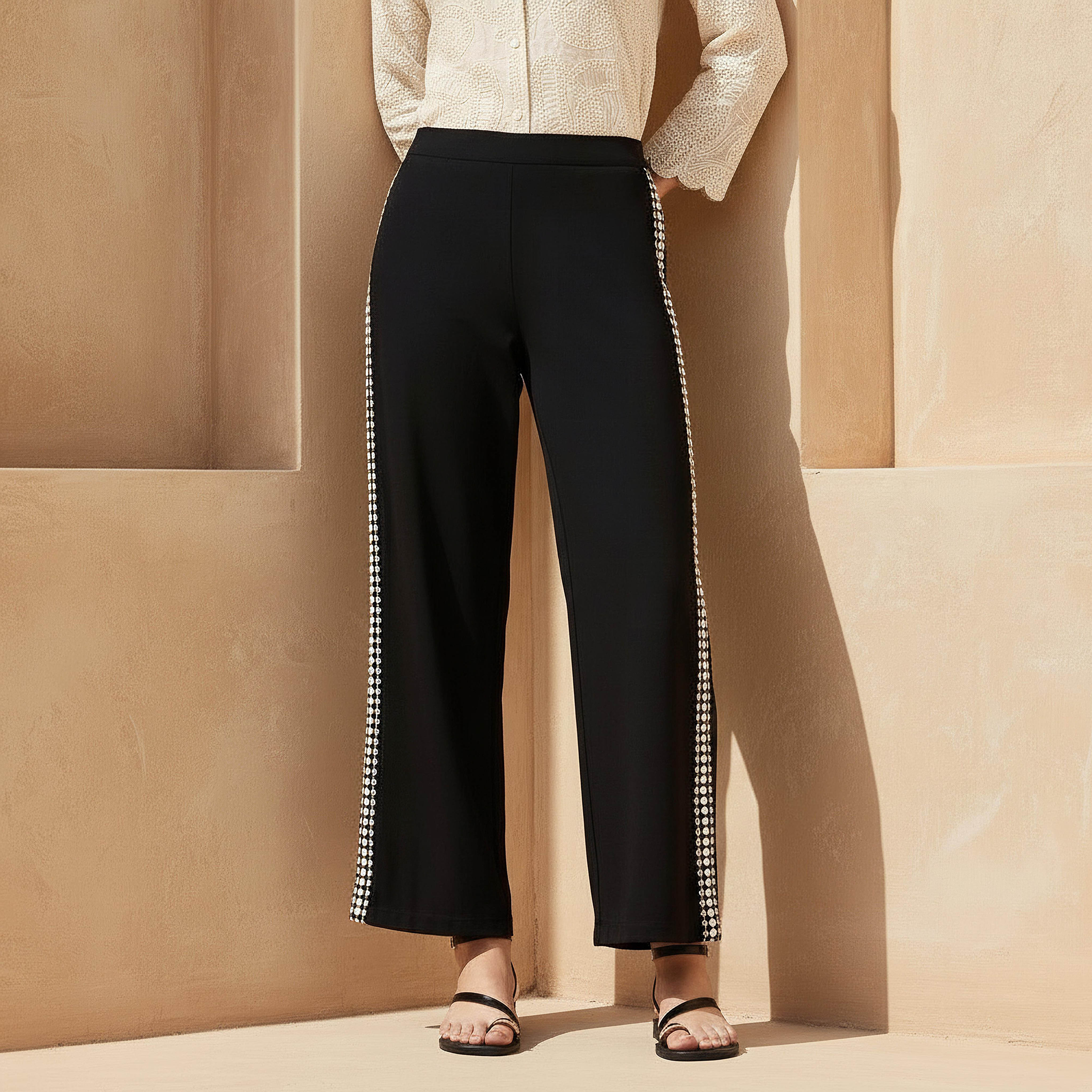 Embroidered Linen Blend Straight Trousers Black