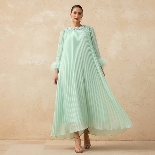 Embellished Fur Accent Cotton Dress Green