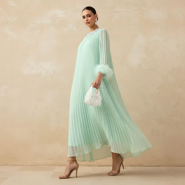 Cotton Maxi Dress with Fur Accent, Round Neck, 3/4 Sleeves – image 3