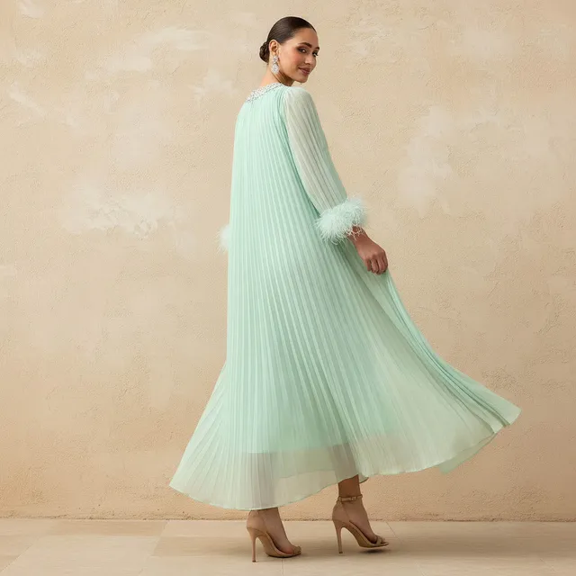 Cotton Maxi Dress with Fur Accent, Round Neck, 3/4 Sleeves – image 4