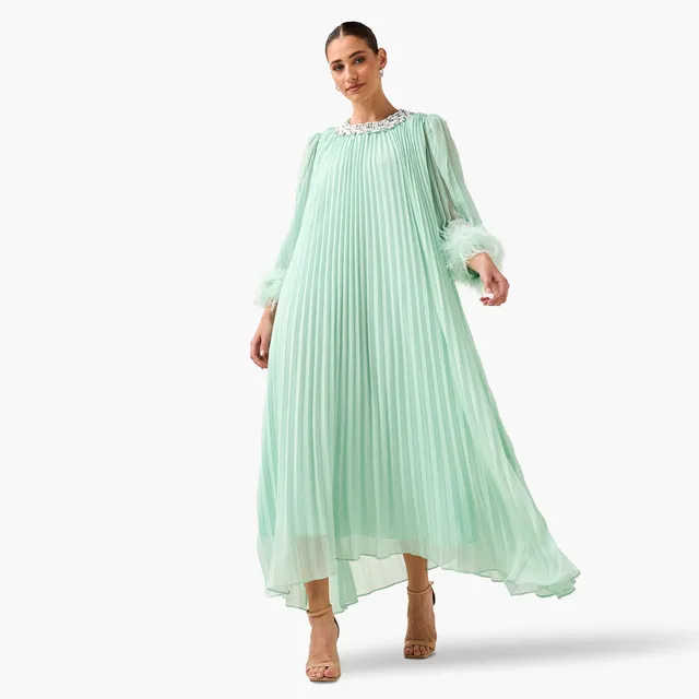 Cotton Maxi Dress with Fur Accent, Round Neck, 3/4 Sleeves – image 5