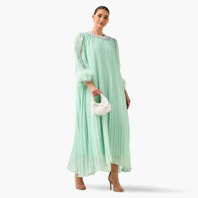 Cotton Maxi Dress with Fur Accent, Round Neck, 3/4 Sleeves – image 6