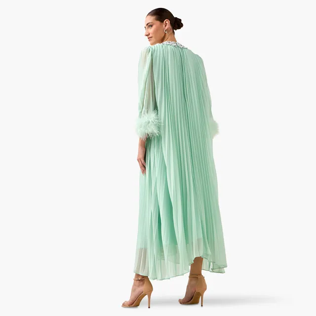 Cotton Maxi Dress with Fur Accent, Round Neck, 3/4 Sleeves – image 7