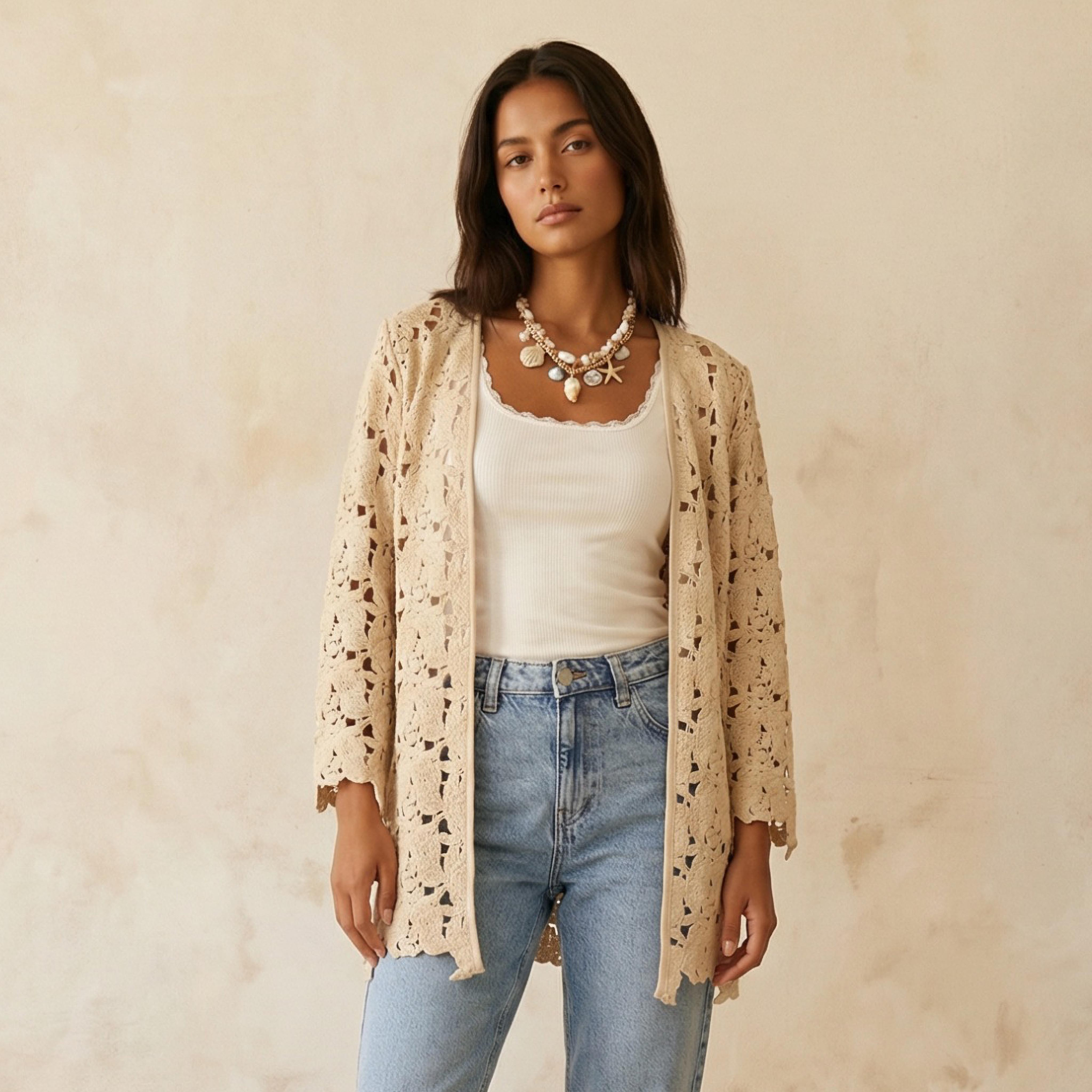 Crochet Open Front Shrug Beige