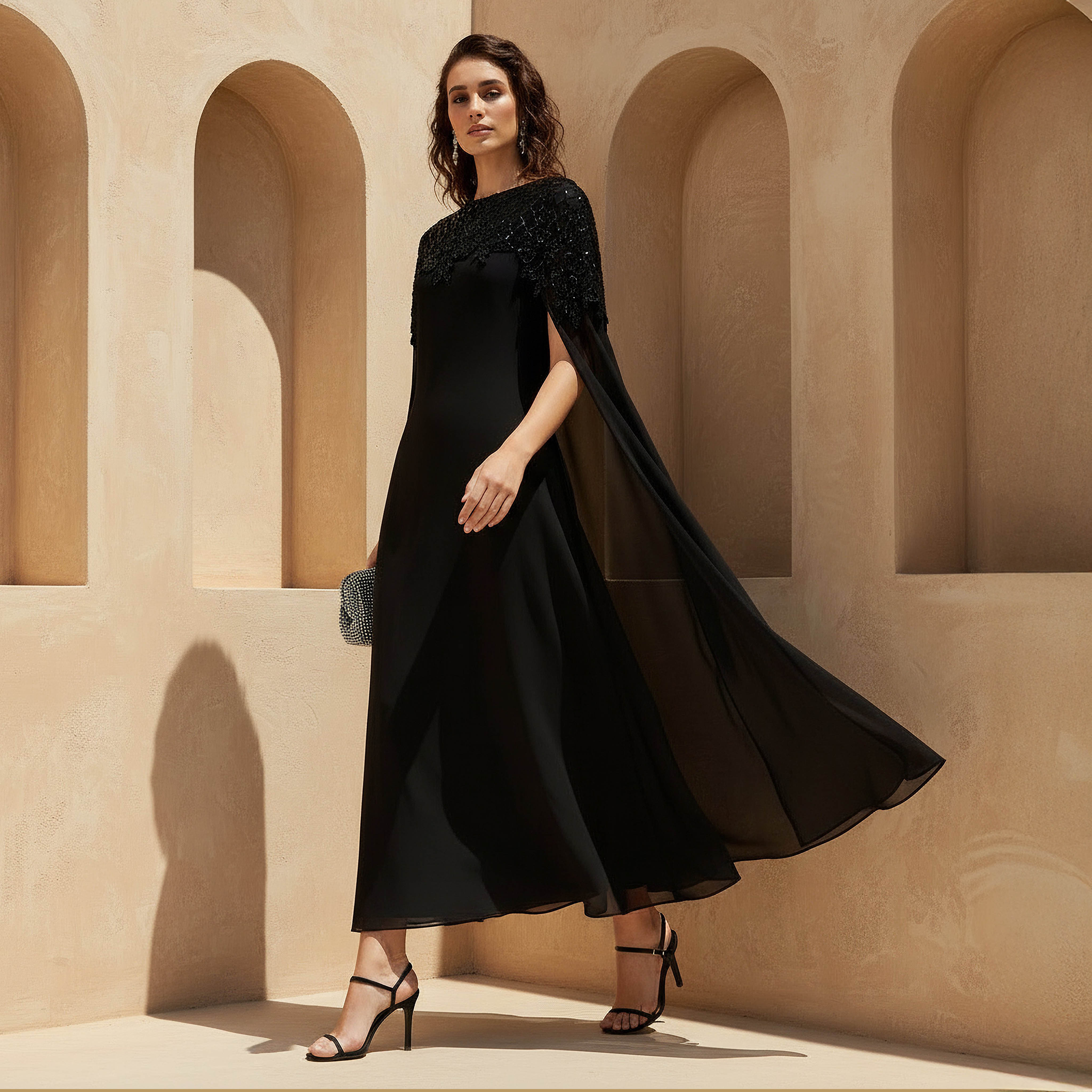 Floral Sequin Cape Maxi Dress Black