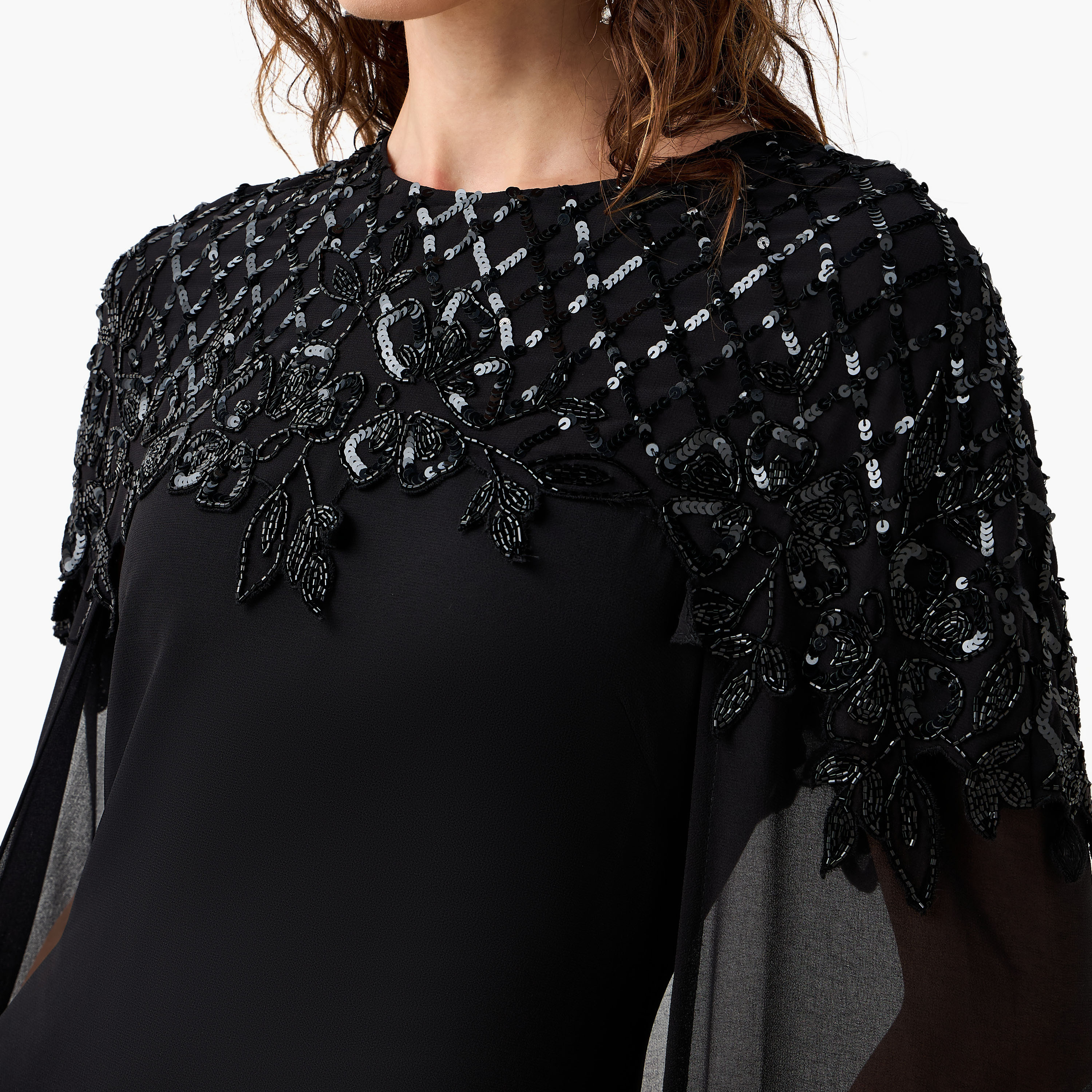 Floral Sequin Cape Maxi Dress Black