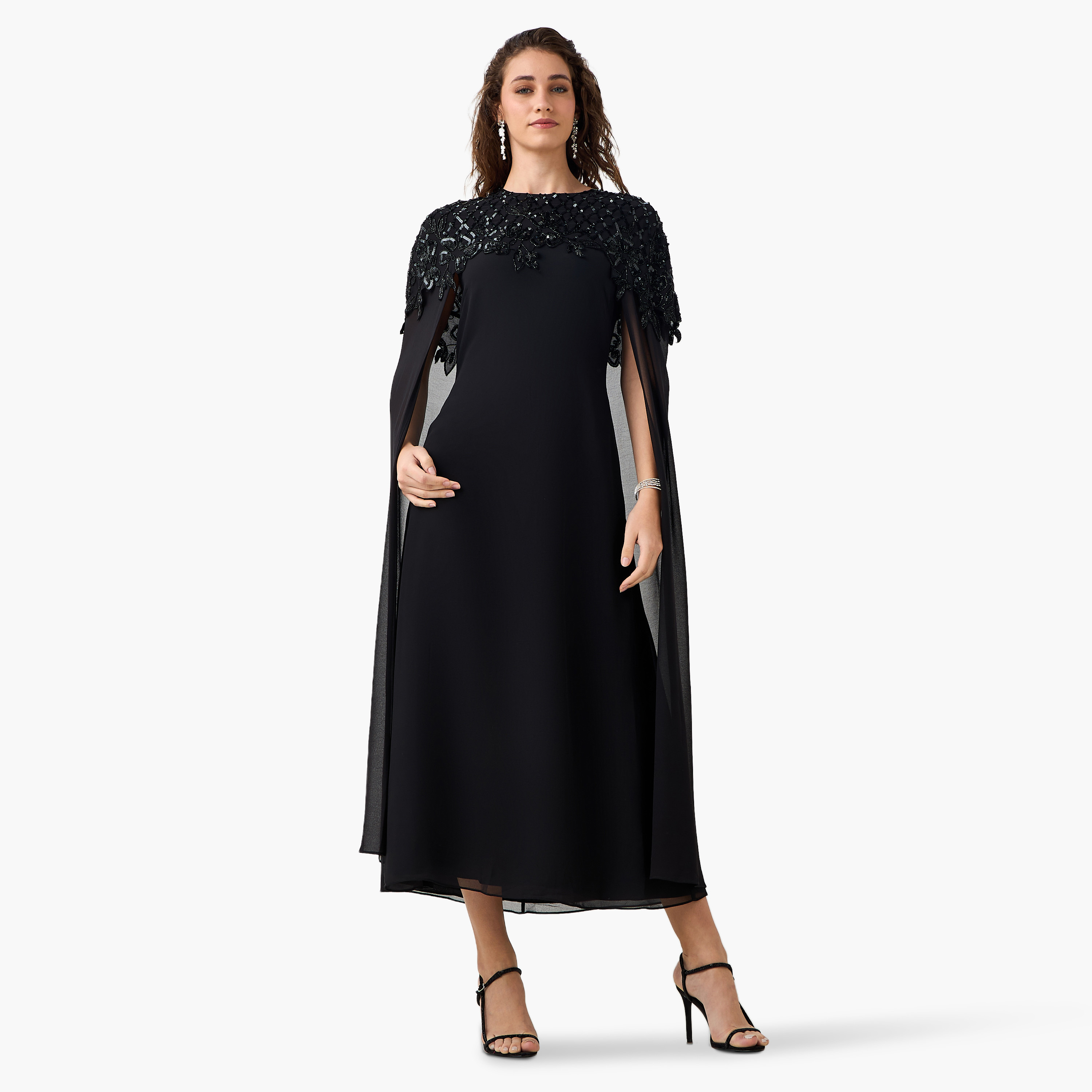 Floral Sequin Cape Maxi Dress Black