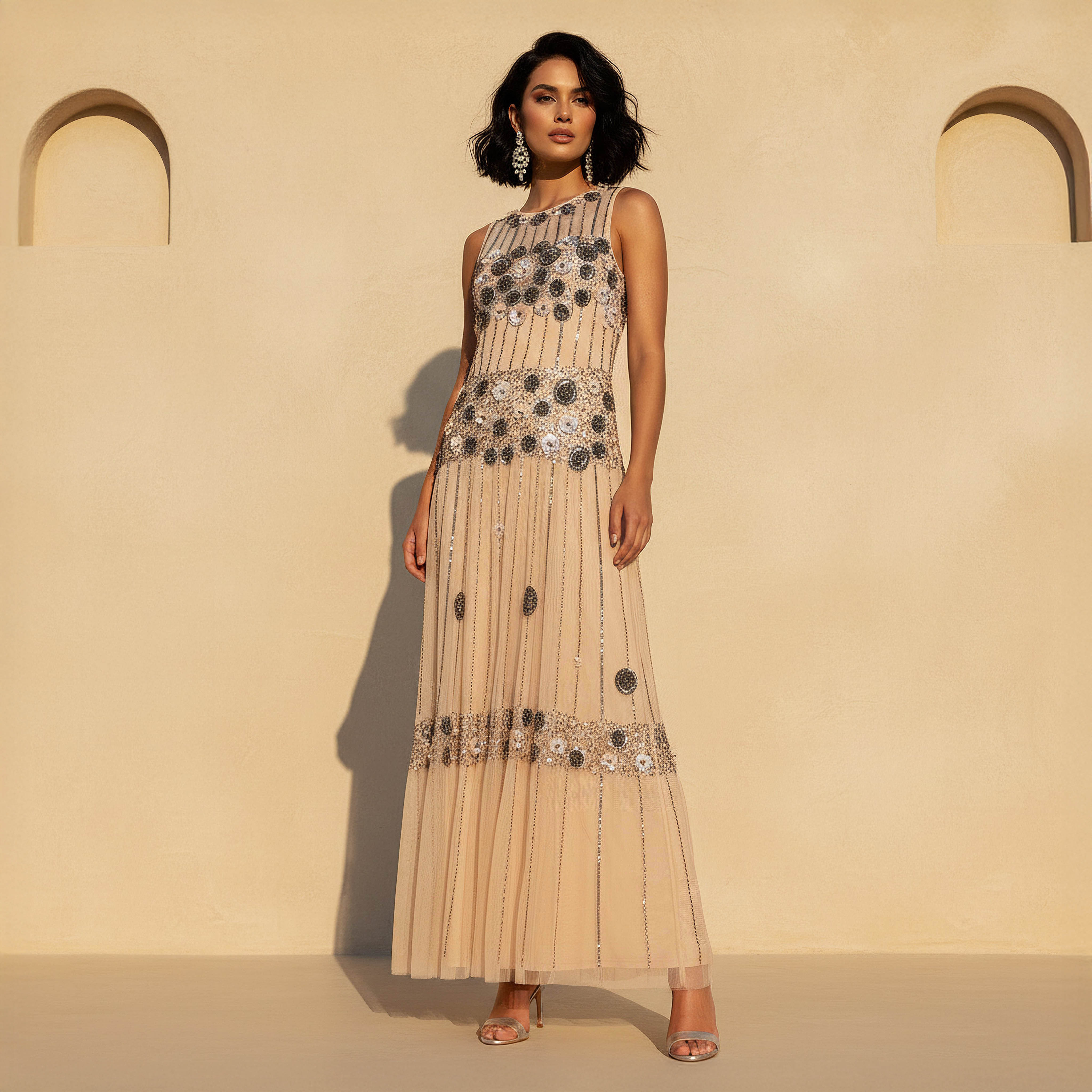 Embellished Sleeveless Maxi Dress Beige