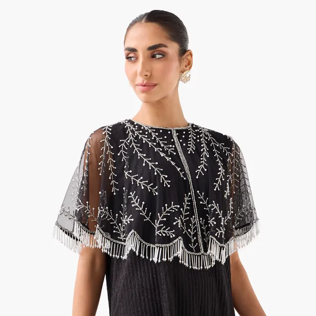 Cropped Embroidered Fringe Cape with Button Closure – image 2