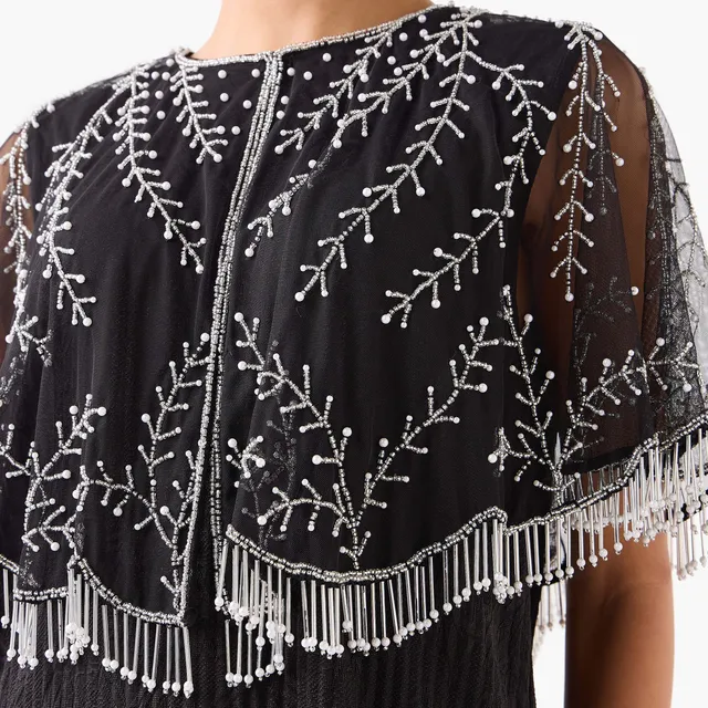Cropped Embroidered Fringe Cape with Button Closure – image 3
