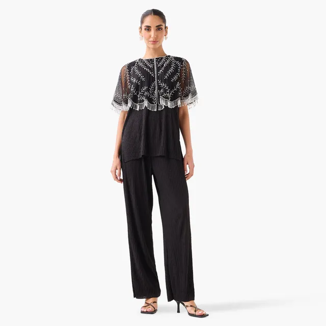 Cropped Embroidered Fringe Cape with Button Closure – image 4