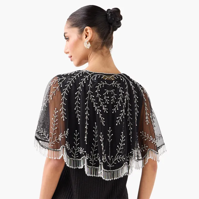 Cropped Embroidered Fringe Cape with Button Closure – image 5