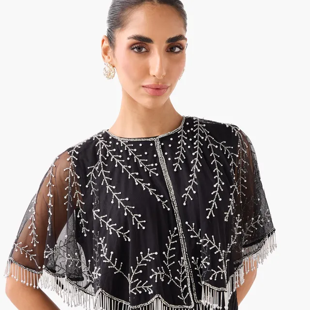 Cropped Embroidered Fringe Cape with Button Closure – image 6