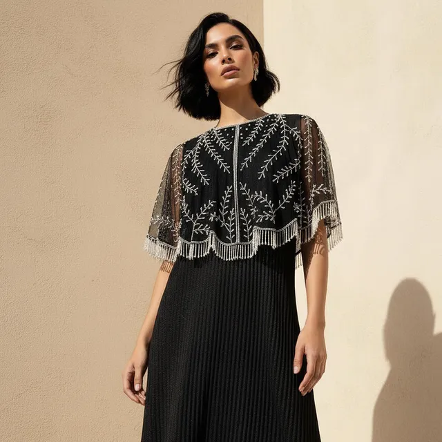 Cropped Embroidered Fringe Cape with Button Closure