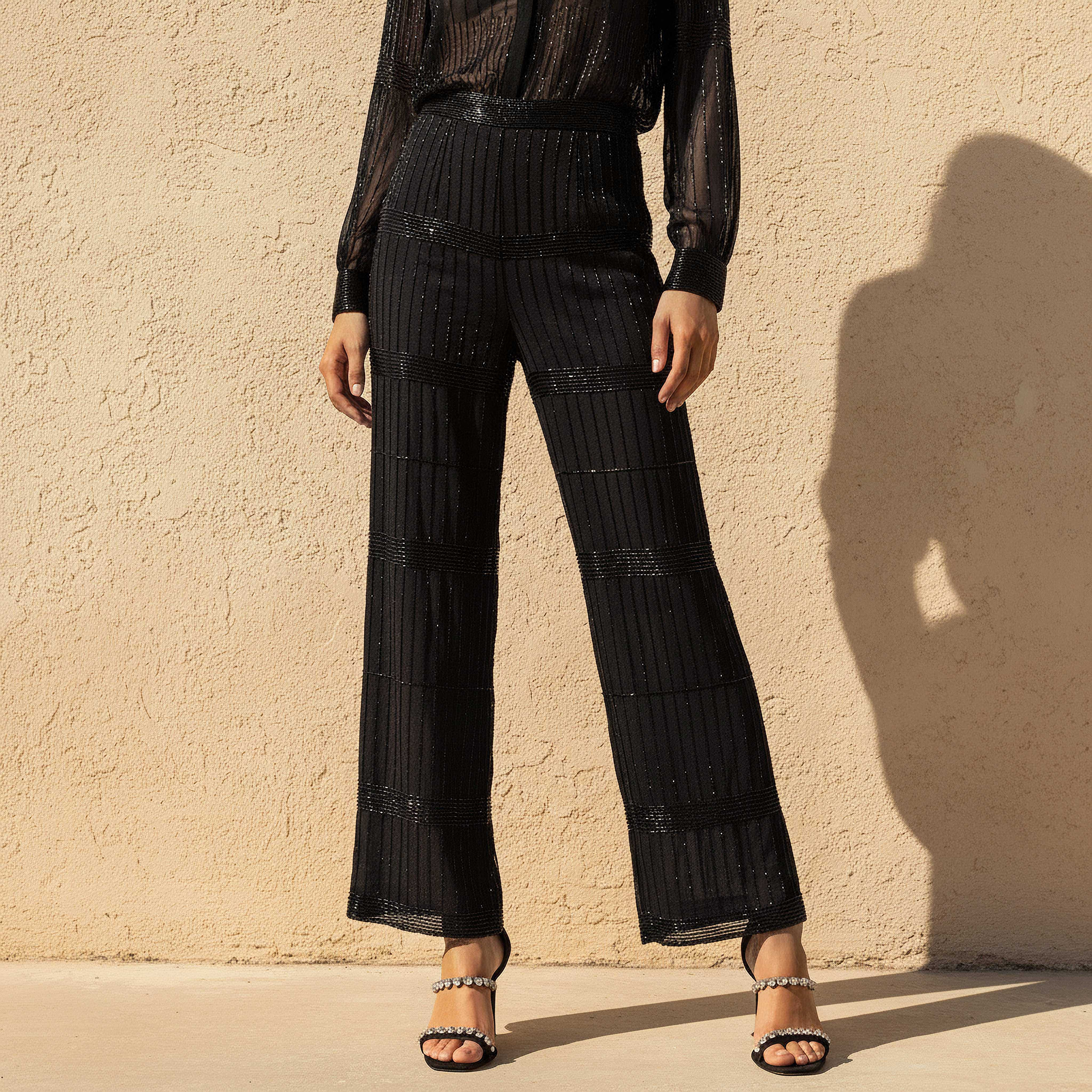 Bead Embellished Wide Leg Pants Black