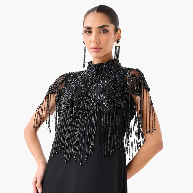Cropped Cape Dress with Beaded Fringe Details – image 2