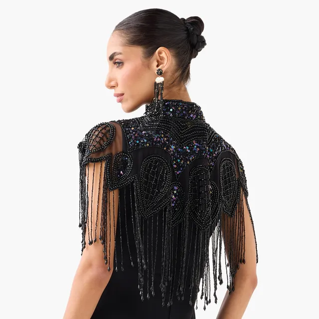 Cropped Cape Dress with Beaded Fringe Details – image 5