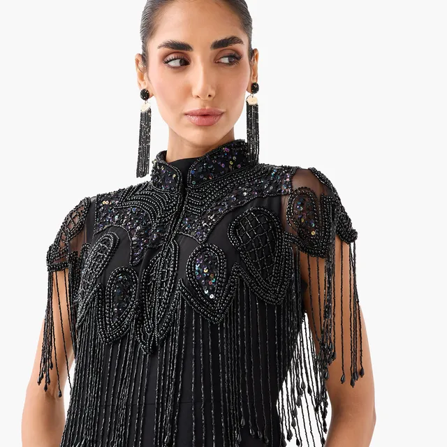 Cropped Cape Dress with Beaded Fringe Details – image 6