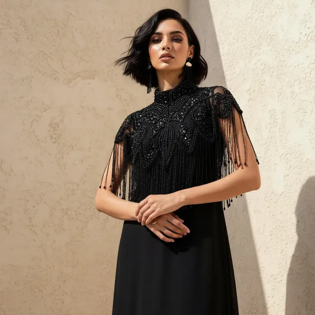 Cropped Cape Dress with Beaded Fringe Details