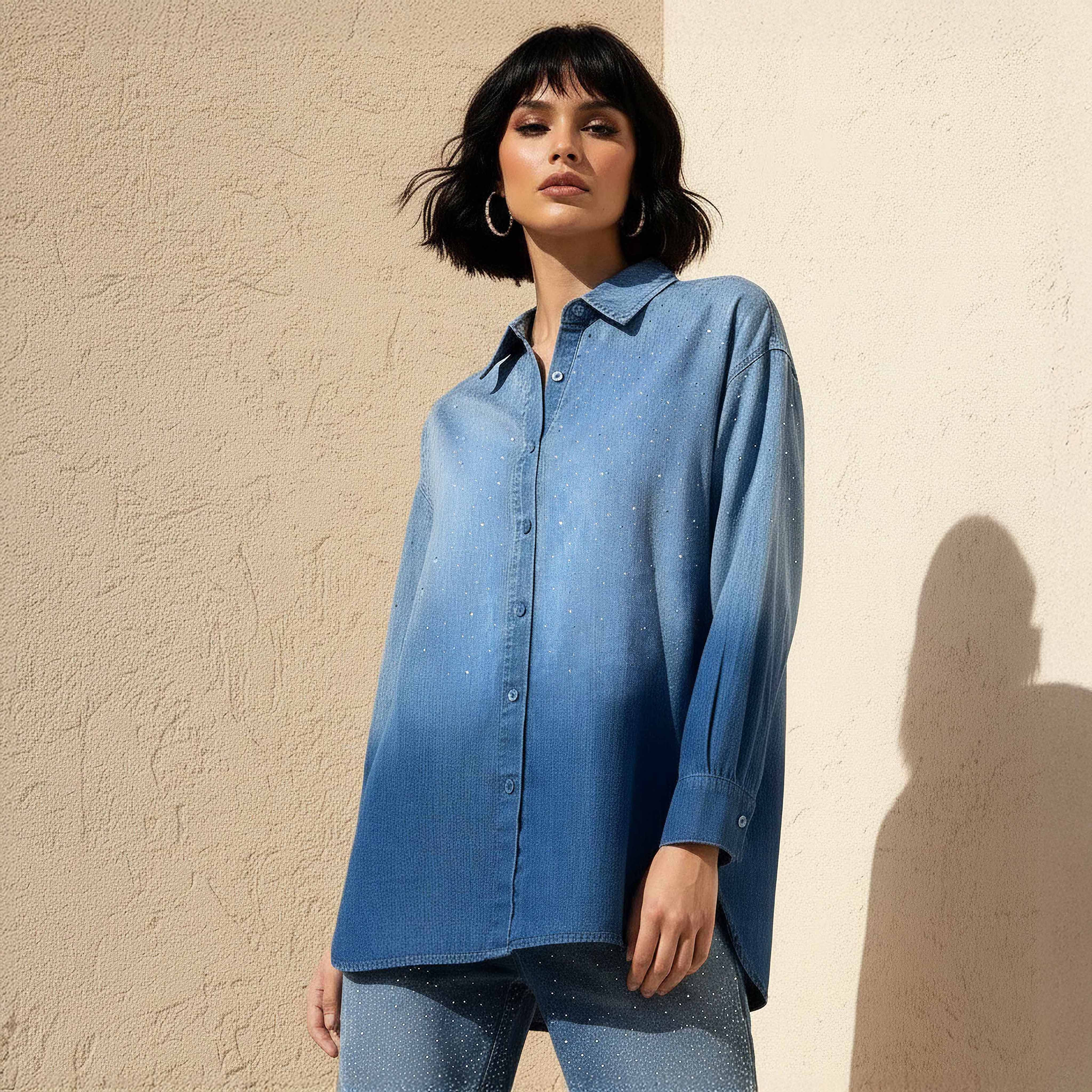 Embellished Relaxed Fit Cotton Shirt Blue