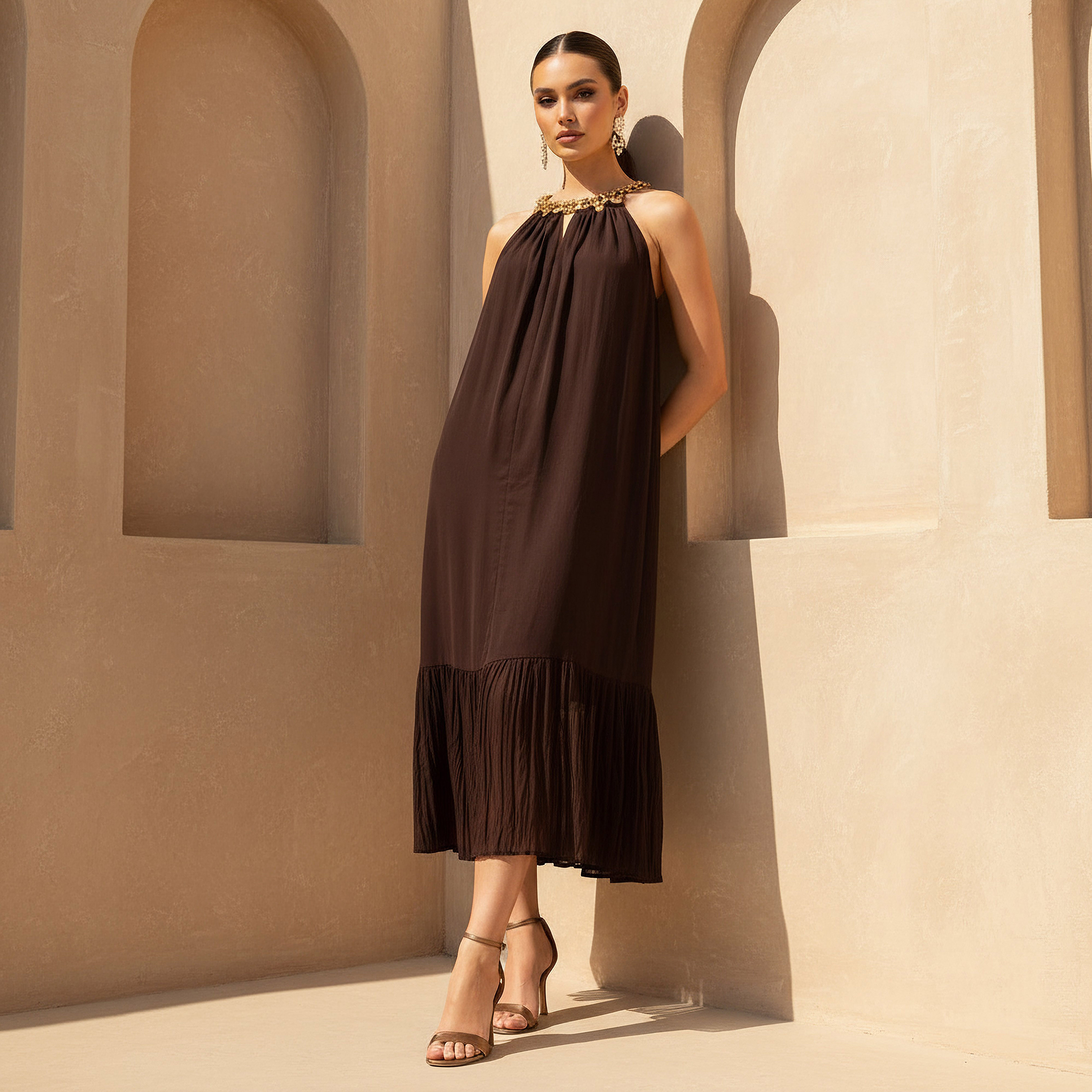 Halter Chain Pleated Trapeze Midi Dress Brown