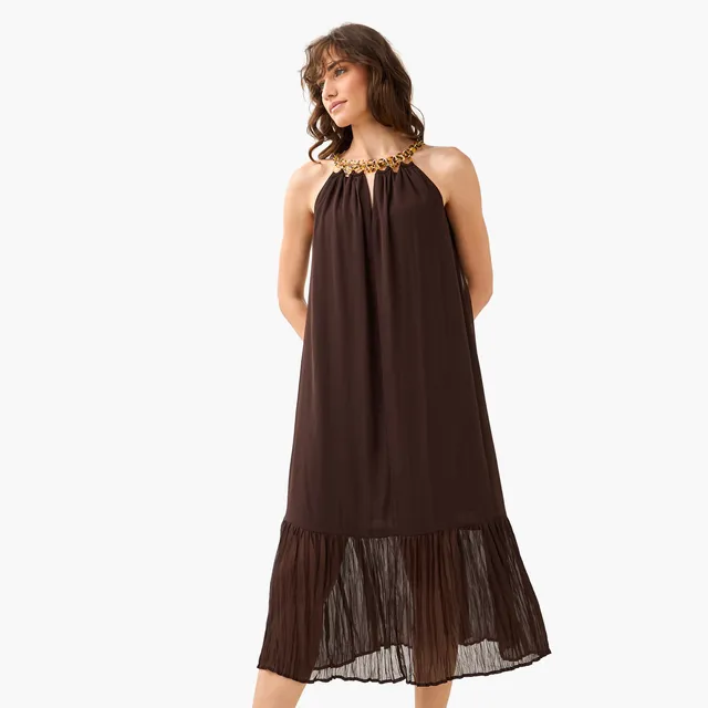 Chain Halter Pleated Midi Dress – image 2