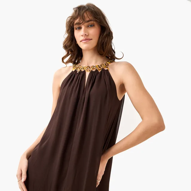 Chain Halter Pleated Midi Dress – image 5