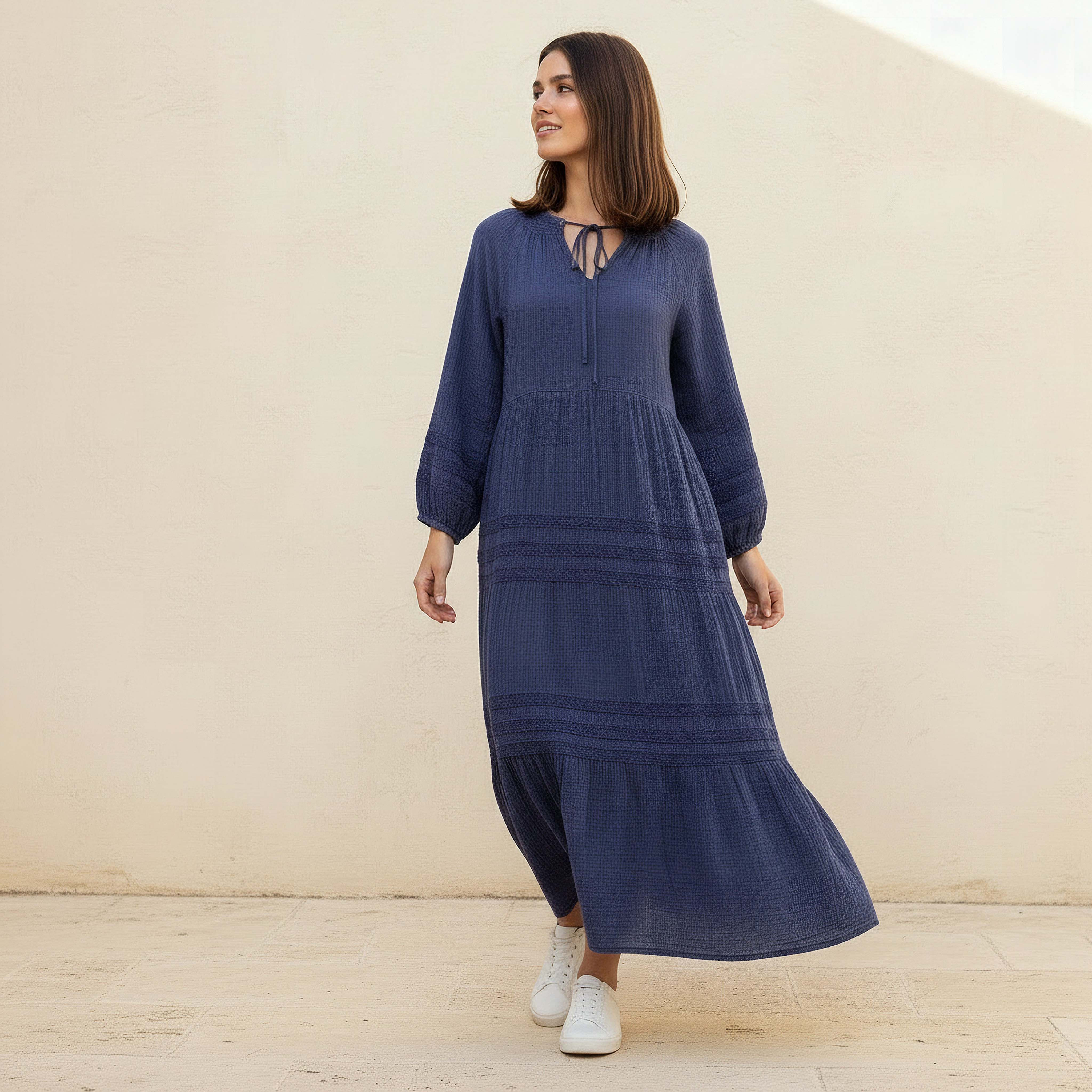 Crochet Embroidered Tiered Maxi Dress Blue