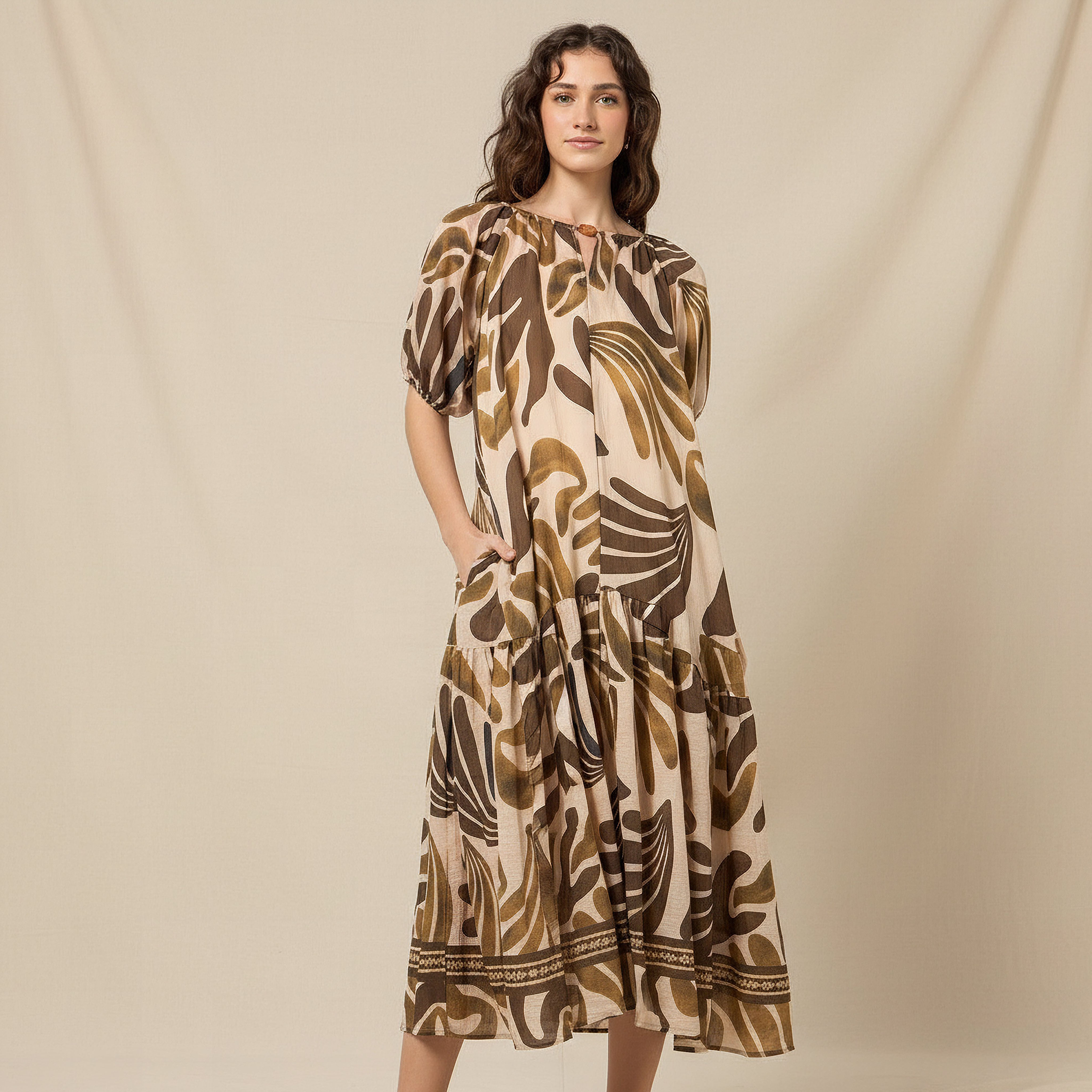 Printed Tiered Dress Brown