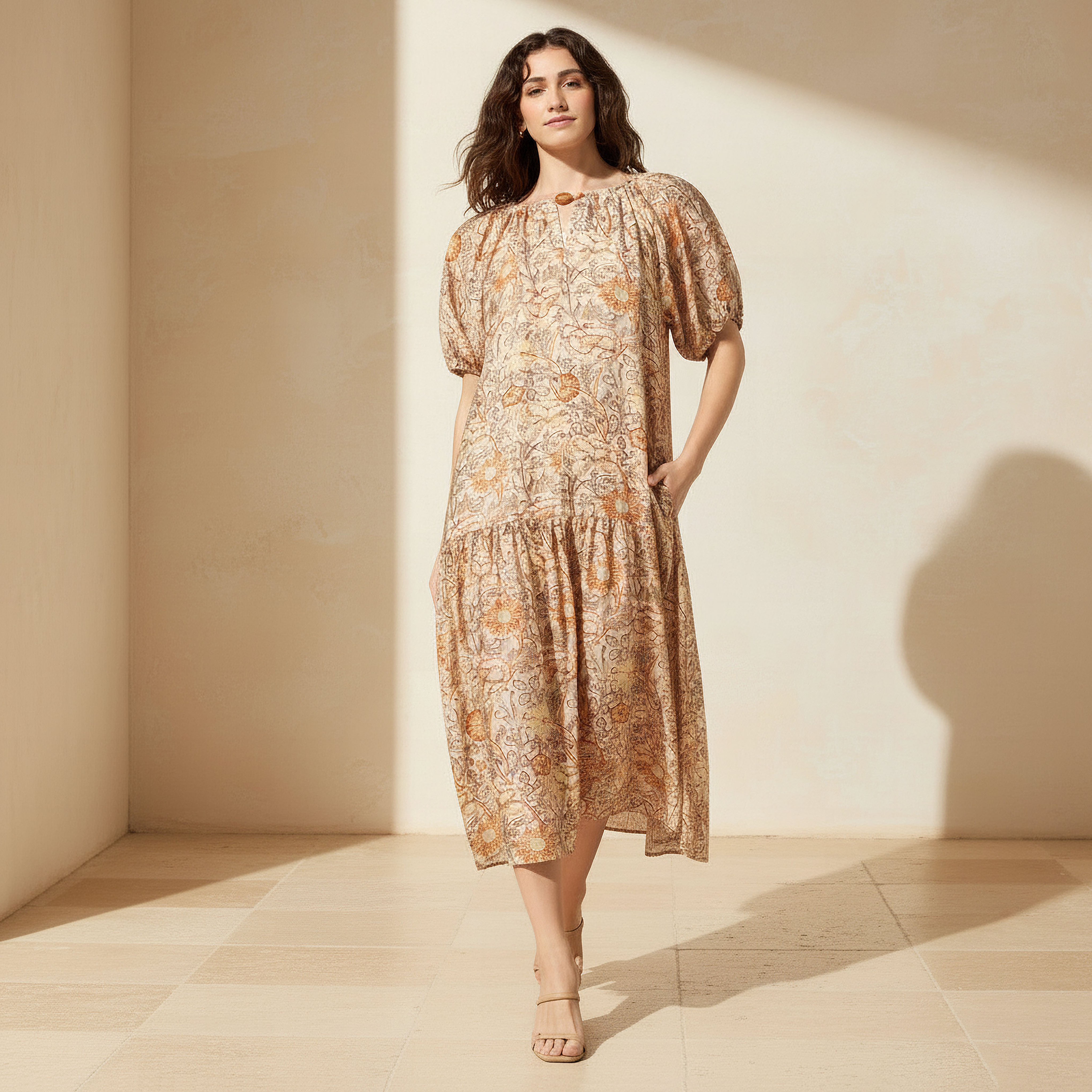 Floral Tiered Dress Beige