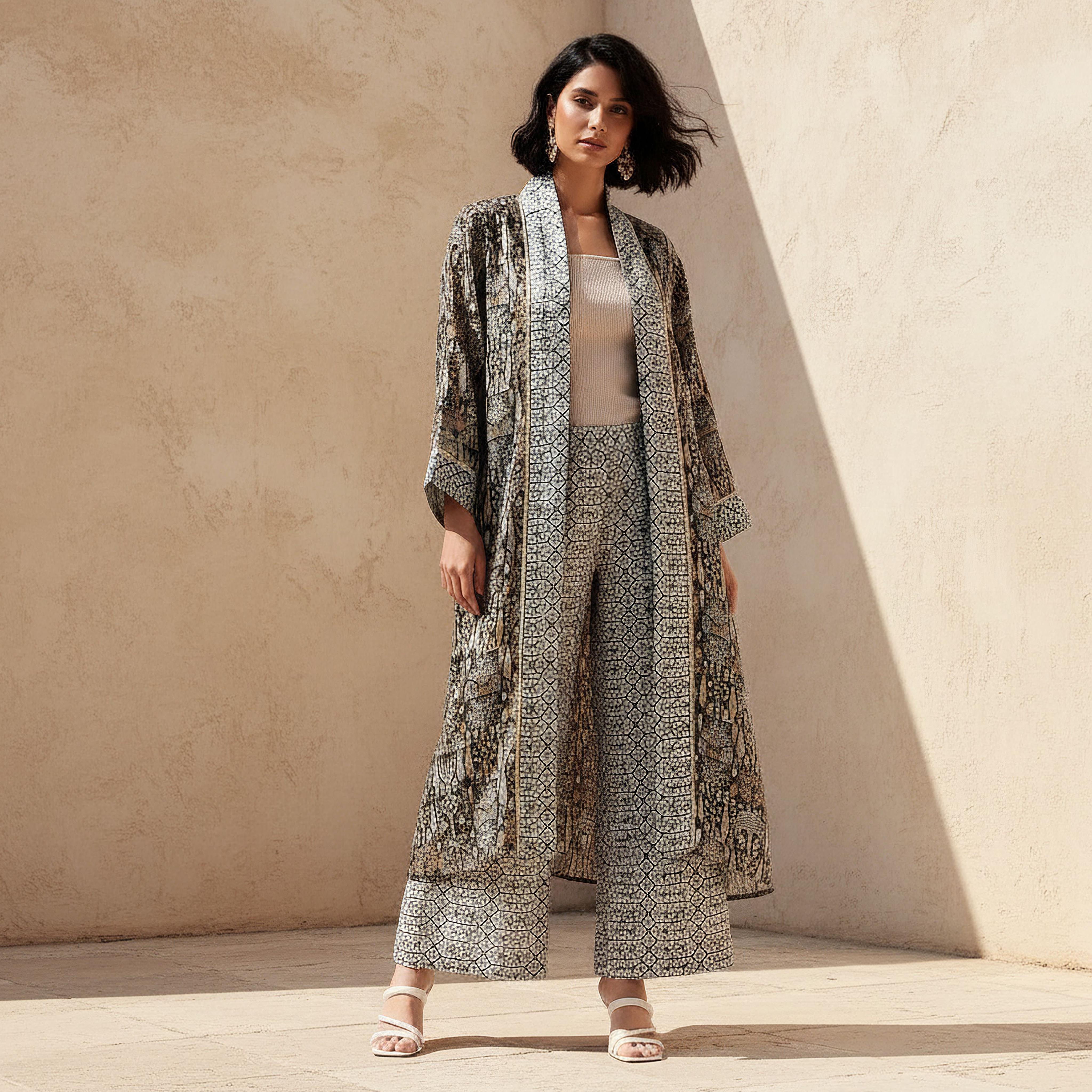 Relaxed Printed Open Front Shrug Grey