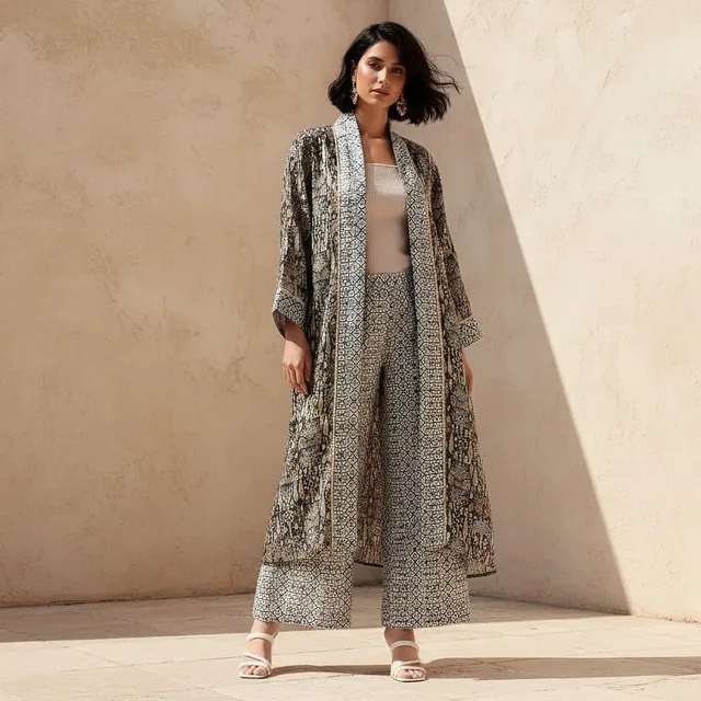 Relaxed Printed Open Front Shrug Grey