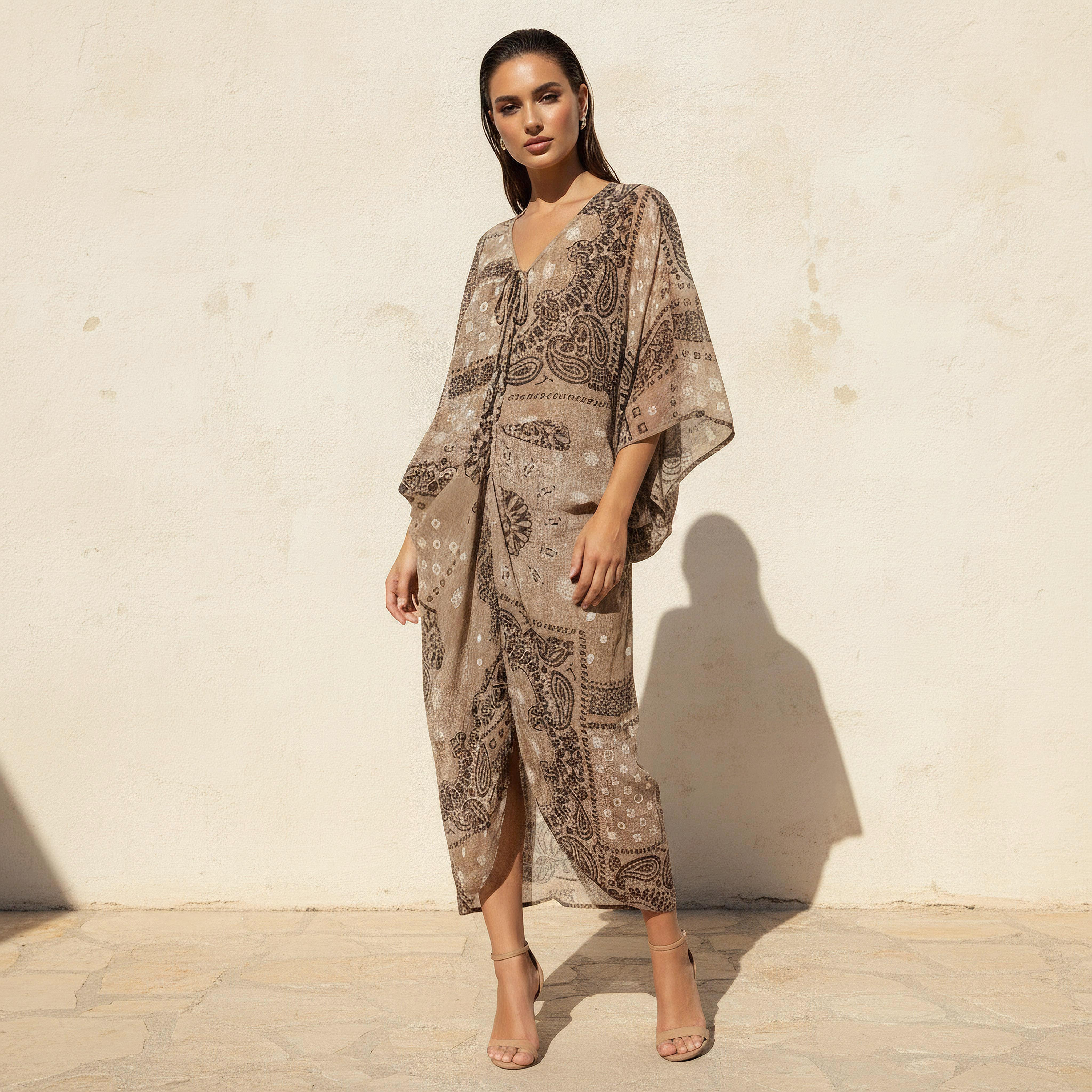 Printed Midi Kaftan Dress Brown