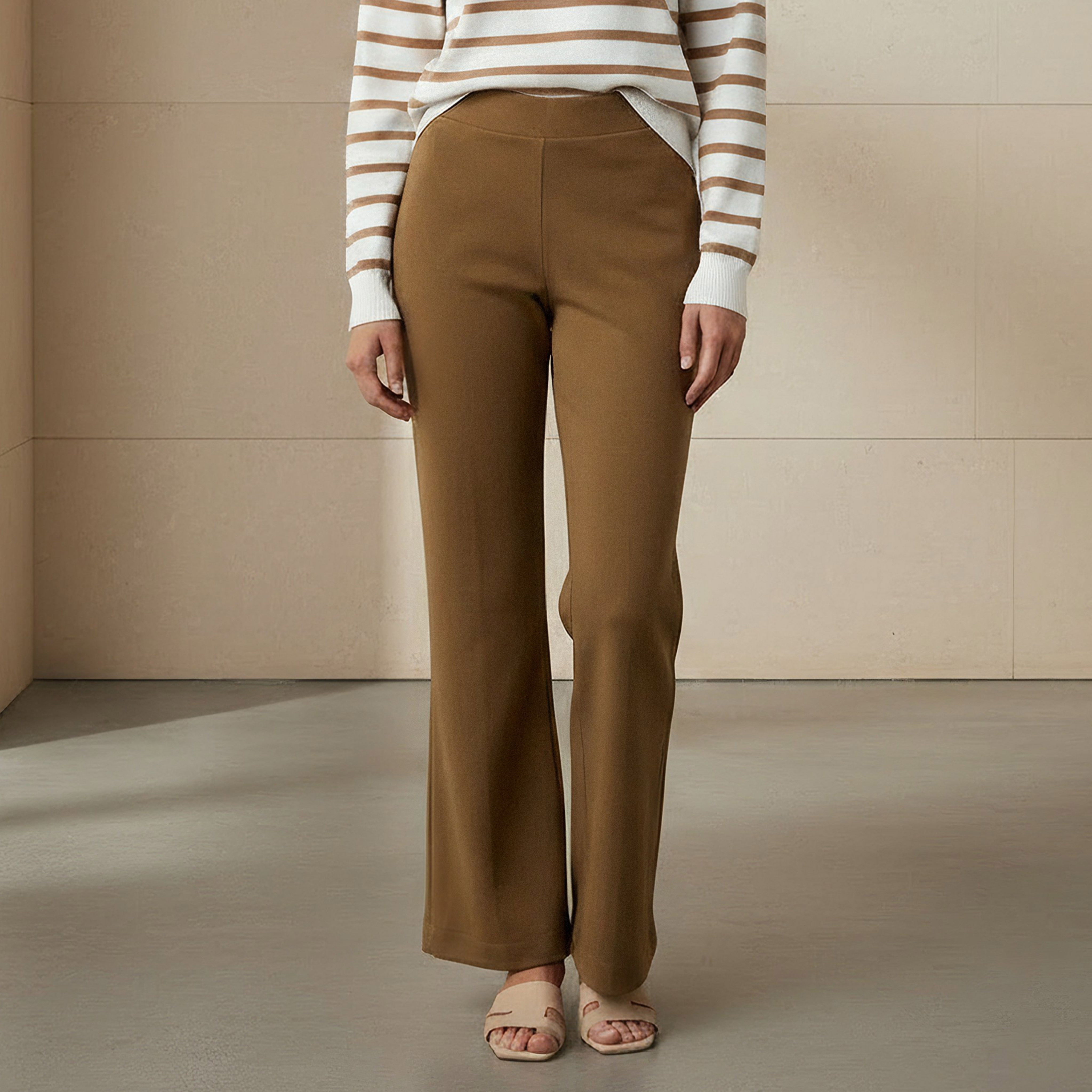 High Rise Ankle Bootcut Trousers Brown