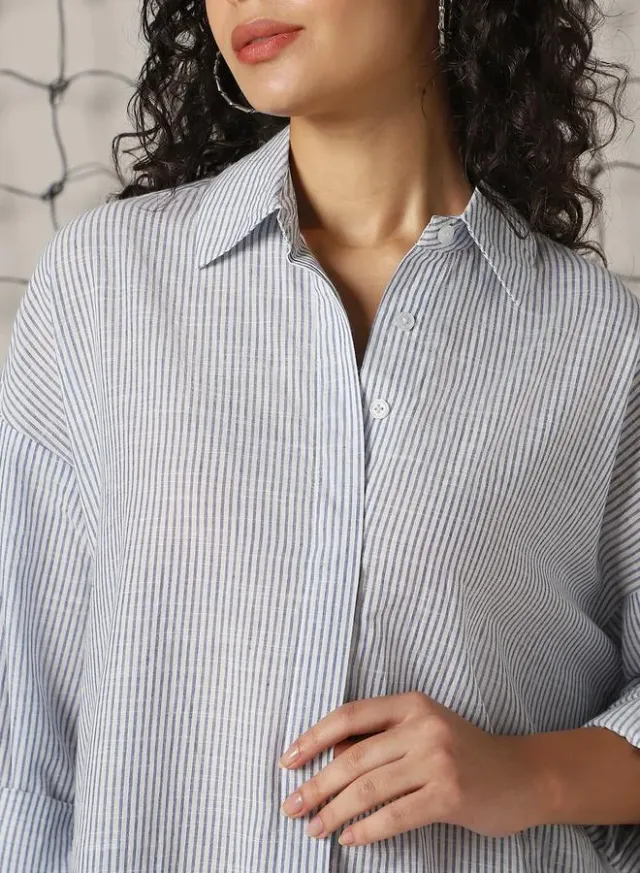 Women's Blue 100% Cotton Striped Button Down Oversized Shirt – image 5