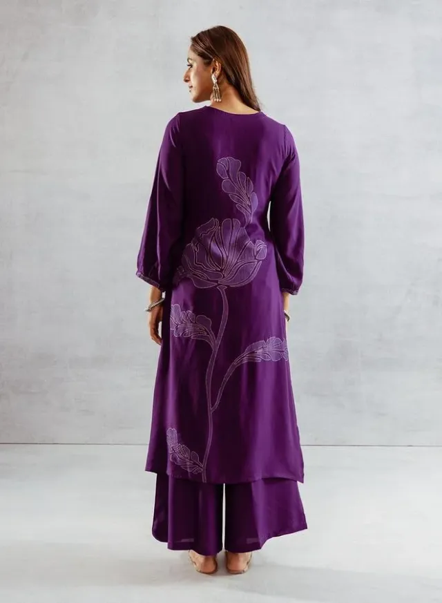Ishin Women's Deep Purple Rayon Printed 2-Piece Kurta Palazzo Set – image 3
