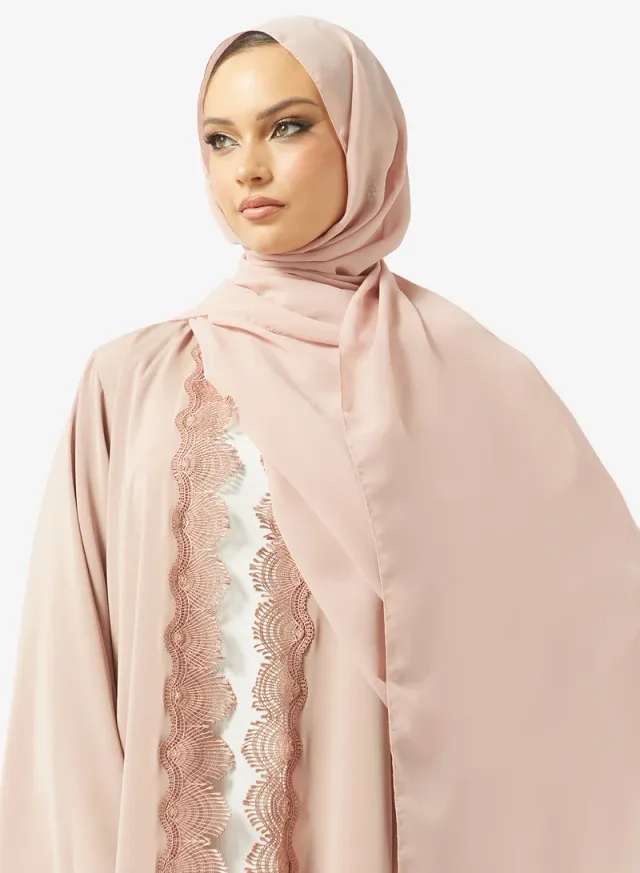 Beige Lace Detail Abaya with Sheila - Loose Fit, Long Sleeves – image 3