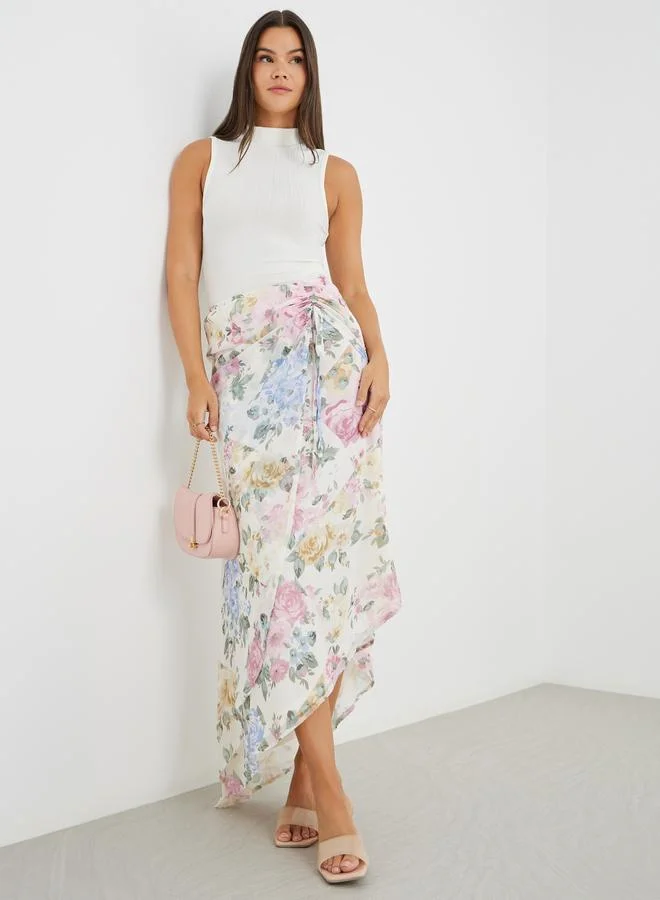 Floral Ruched Asymmetric Maxi Skirt Multicolour